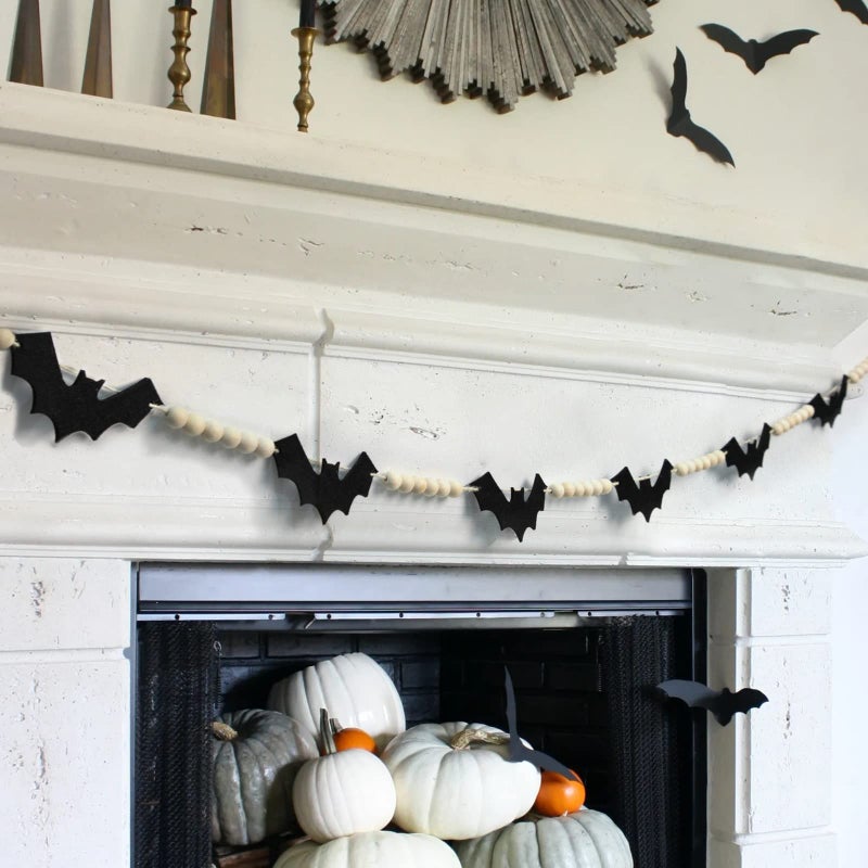 DAZONGE Halloween Decorations Indoor/Outdoor  Wood Felt Bats Bead Garland Banner for Halloween Decor  Farmhouse Bats Garland Decorations for Fireplace Mantle Walls - Image 1
